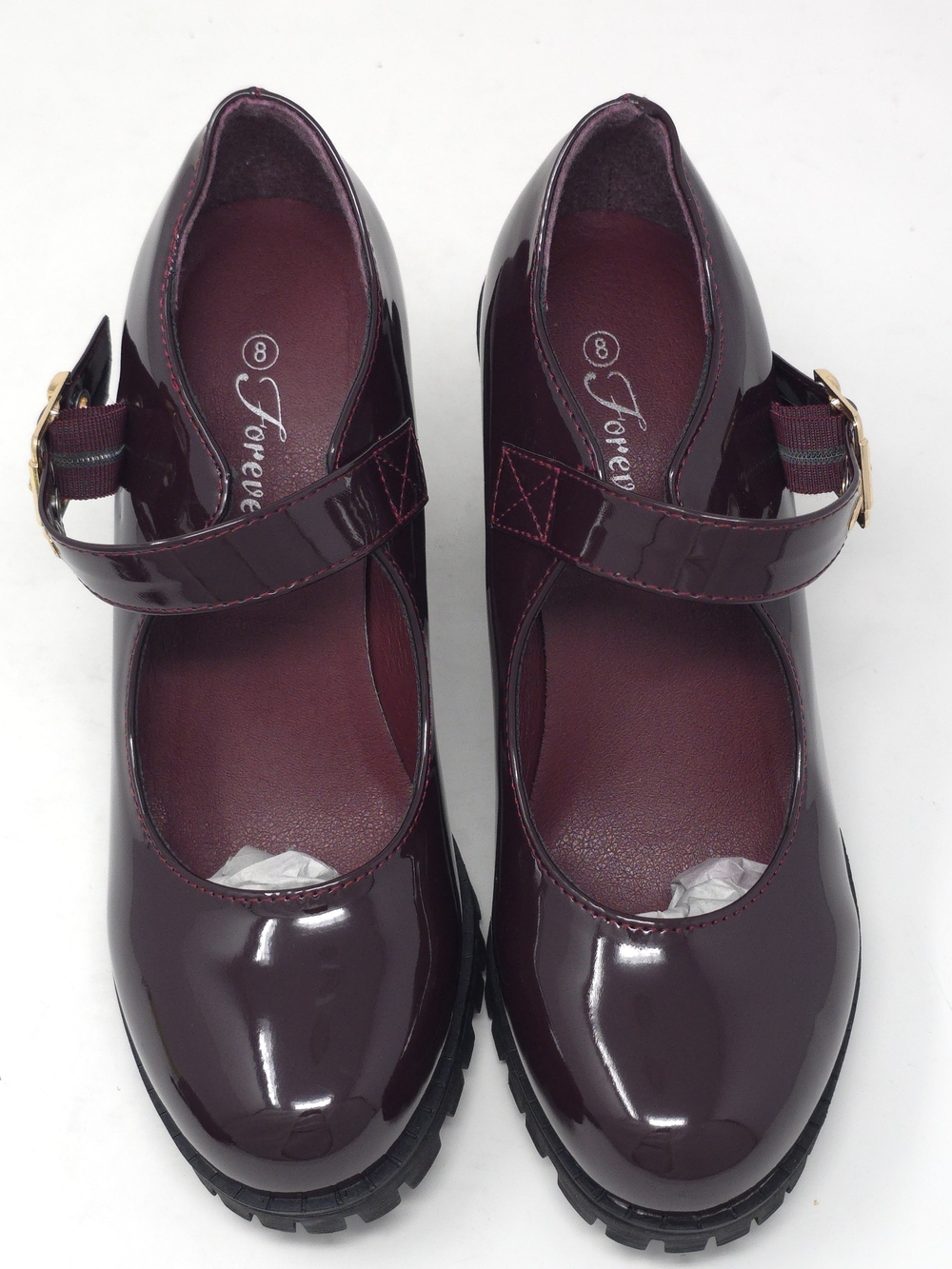 Burgundy Patent Faux Leather Mary Jane Platform Chunky Heel Lug Sole Trendy - Picture 11 of 11